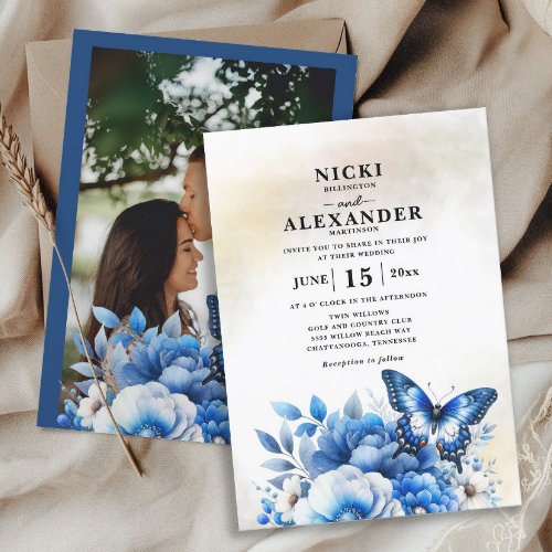 Blue Floral Butterfly Wedding  Invitation