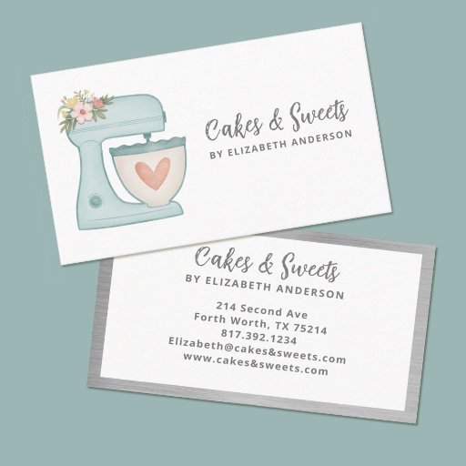 Customizable Blue Floral Cake Mixer Bakery Business Card