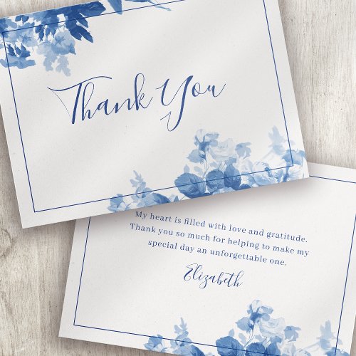 Blue Floral Calligraphy Bridal Shower Thank You  Note Card