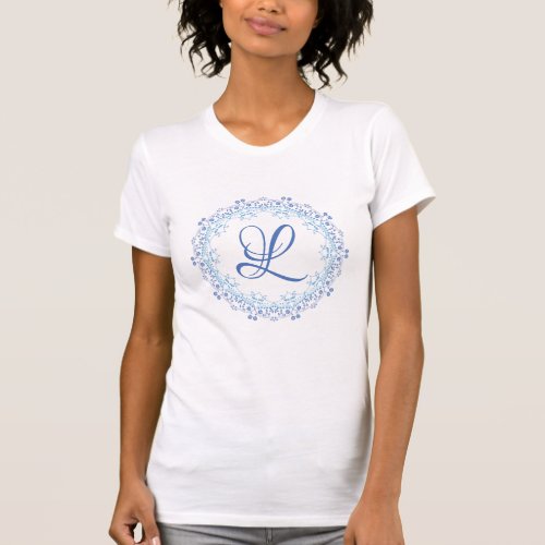 Blue Floral Calligraphy Script Monogram Mandala T_Shirt