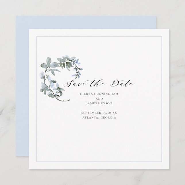 Blue Floral Calligraphy Wedding Save the Date Card (Front/Back)