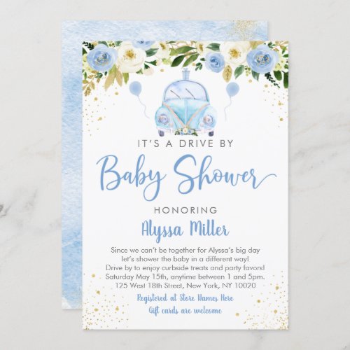 Blue Floral Car Drive By Baby Shower Invitation