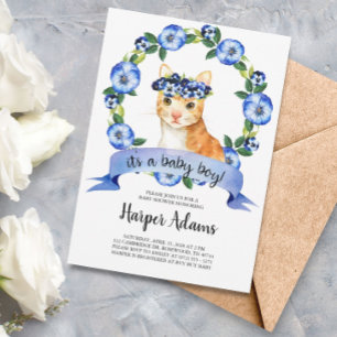 Blue Floral Cat Baby Boy Baby Shower Invitation