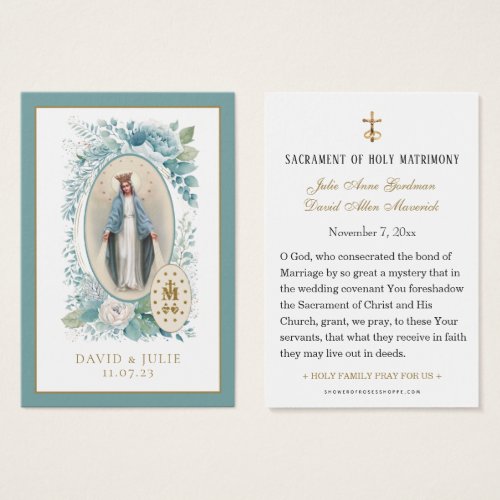 Blue Floral Catholic Wedding Prayer Card 