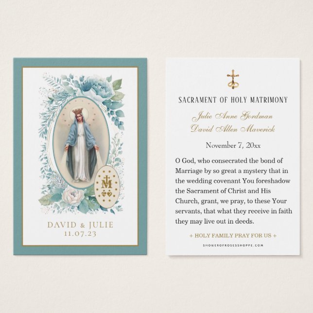 Blue Floral Catholic Wedding Prayer Card  (Front & Back)