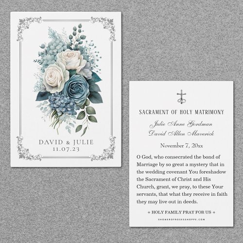 Blue Floral Catholic Wedding Prayer Card 
