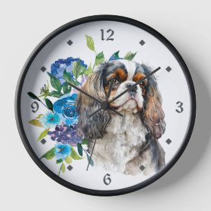 Blue Floral Cavalier King Charles Spaniel Dog Clock