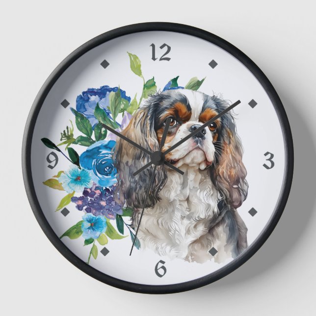 Blue Floral Cavalier King Charles Spaniel Dog Clock (Front)