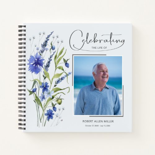 Blue Floral Celebration of Life Funeral Guest Book