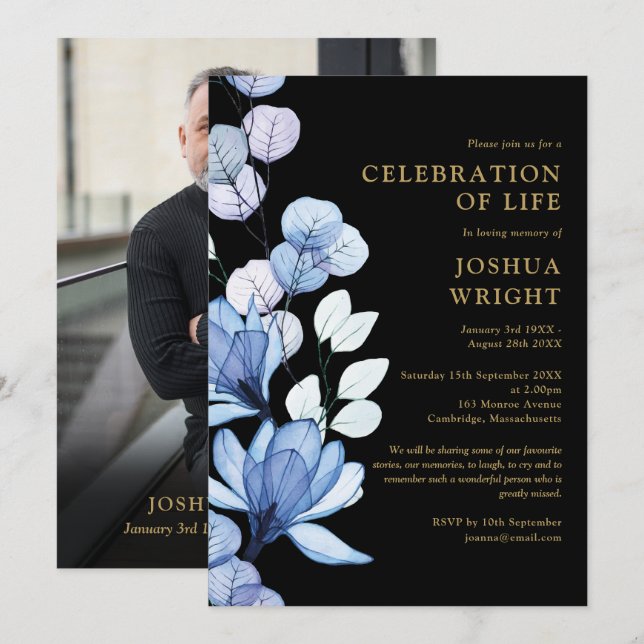 Blue Floral Celebration Of Life Funeral Photo Invitation (Front/Back)