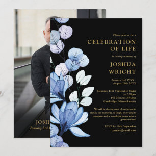 Blue Floral Celebration Of Life Funeral Photo Invitation
