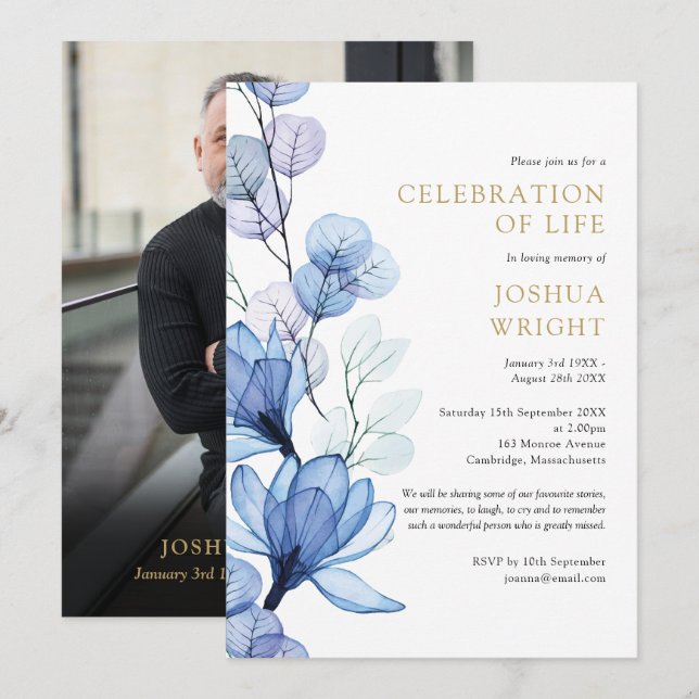 Blue Floral Celebration Of Life Funeral Photo Invitation (Front/Back)