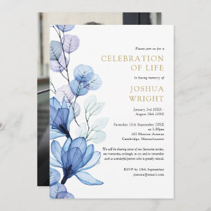 Blue Floral Celebration Of Life Funeral Photo Invitation