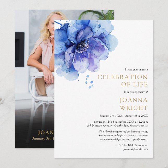 Blue Floral Celebration Of Life Funeral Photo Invitation (Front/Back)