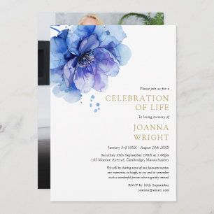 Blue Floral Celebration Of Life Funeral Photo Invitation
