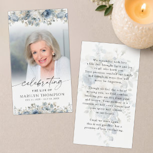 Blue Floral Celebration of Life Photo Prayer Card
