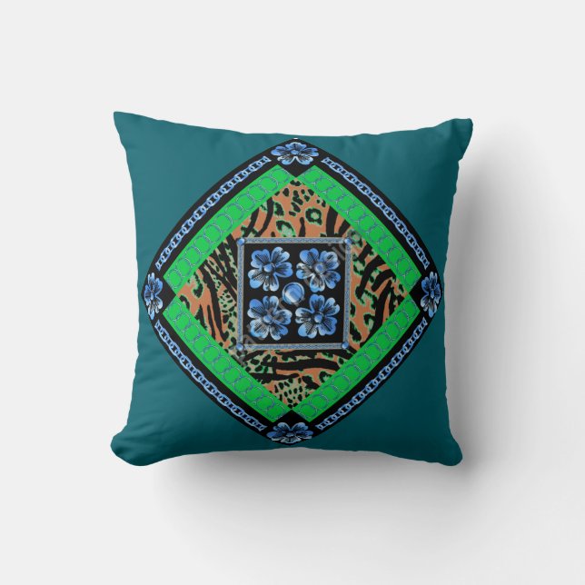 Blue Floral Chain Square Scarf Design Throw Pillow (Front)