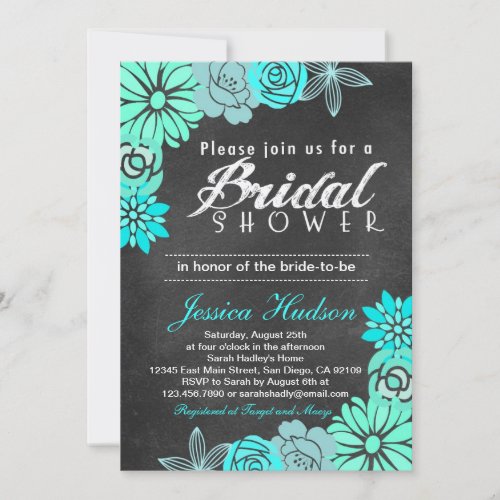 Blue floral chalkboard bridal shower invitation