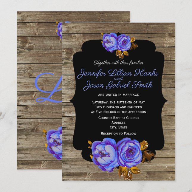 Blue floral, chalkboard rustic brown wood wedding invitation (Front/Back)