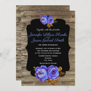 Blue floral, chalkboard rustic brown wood wedding invitation