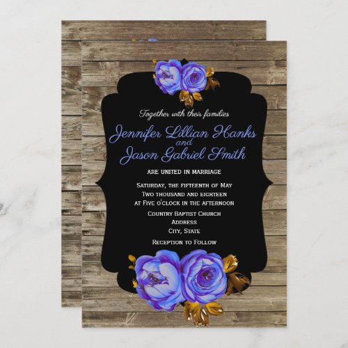 Blue floral chalkboard rustic brown wood wedding invitation