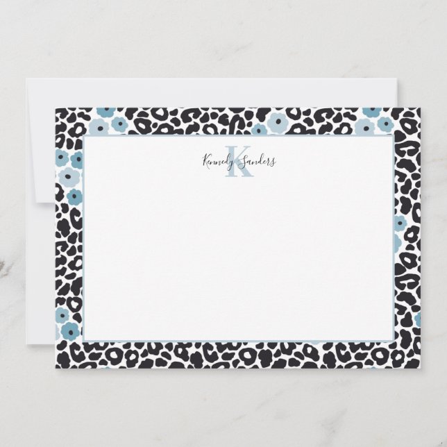 Blue Floral Cheetah Print w/Custom Monogram & Name Thank You Card (Front)