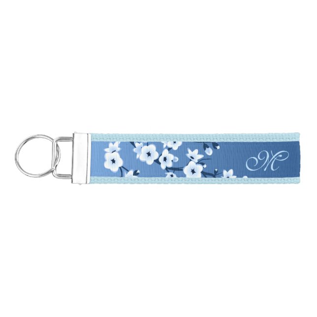 Blue Floral Cherry Blossoms Monogram Wrist Keychain (Keys on Left)