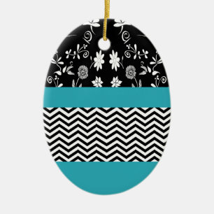 blue floral chevron ceramic ornament