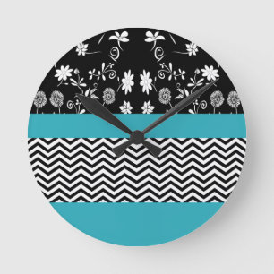 blue floral chevron round clock