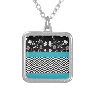 blue floral chevron silver plated necklace
