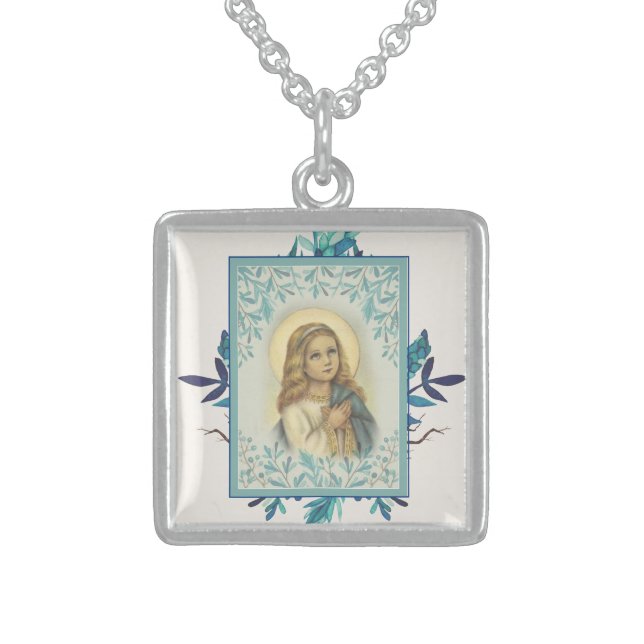 Blue Floral |Child | Virgin Mary | Religious Sterling Silver Necklace (Front)