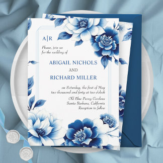Blue floral Chinoiserie and triple border wedding Invitation
