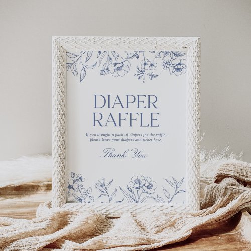 Blue Floral Chinoiserie Baby Shower Diaper Raffle Poster