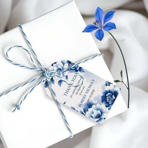 Blue floral Chinoiserie boy baptism Thank You