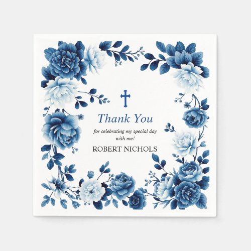 Blue floral Chinoiserie boy Baptism Thank you