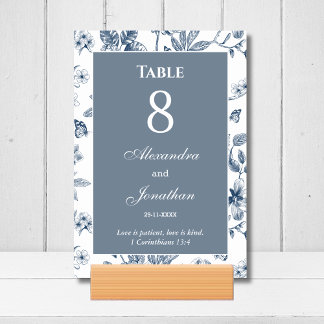 Blue Floral Chinoiserie Christian Wedding Table Number