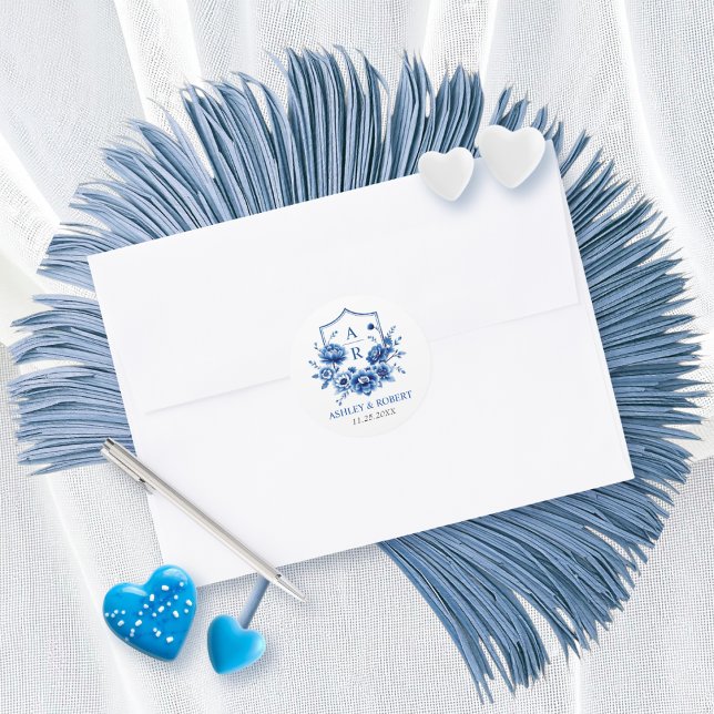 Blue floral Chinoiserie crest and initials wedding Classic Round Sticker (Creator Uploaded)