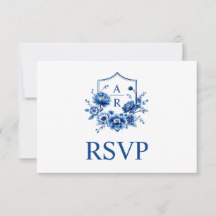 Blue floral Chinoiserie crest and qr code wedding RSVP Card