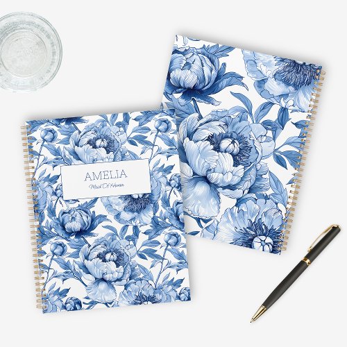 Blue Floral Chinoiserie Flower Name Modern Undated Planner