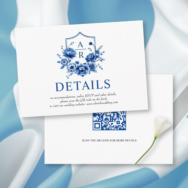Blue floral Chinoiserie flower wedding details QR  Enclosure Card (Creator Uploaded)