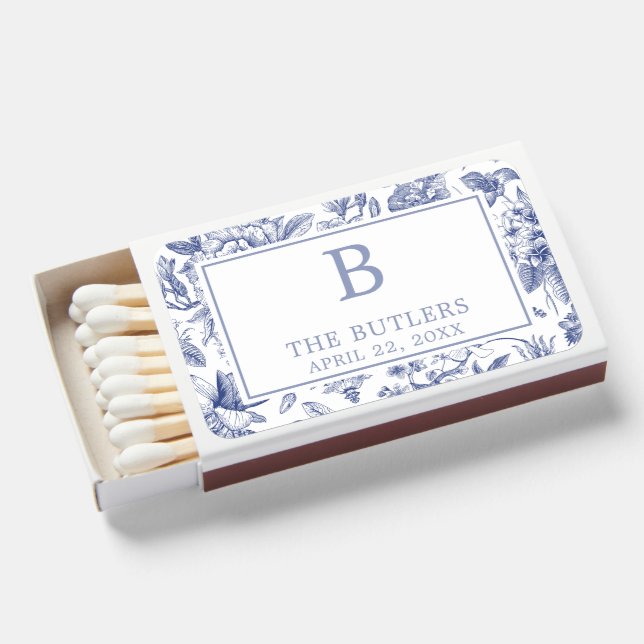 Blue Floral Chinoiserie Matchbox Wedding Favor Matchboxes (Front Open)