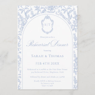 Blue Floral Chinoiserie Monogram Rehearsal Dinner Invitation