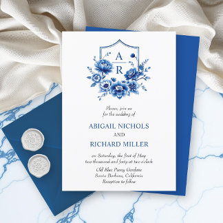 Blue floral Chinoiserie peony flower crest wedding Invitation
