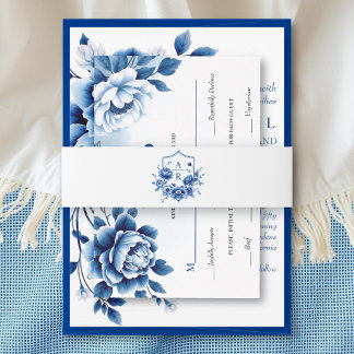Blue floral Chinoiserie peony flower crest wedding Invitation Belly Band