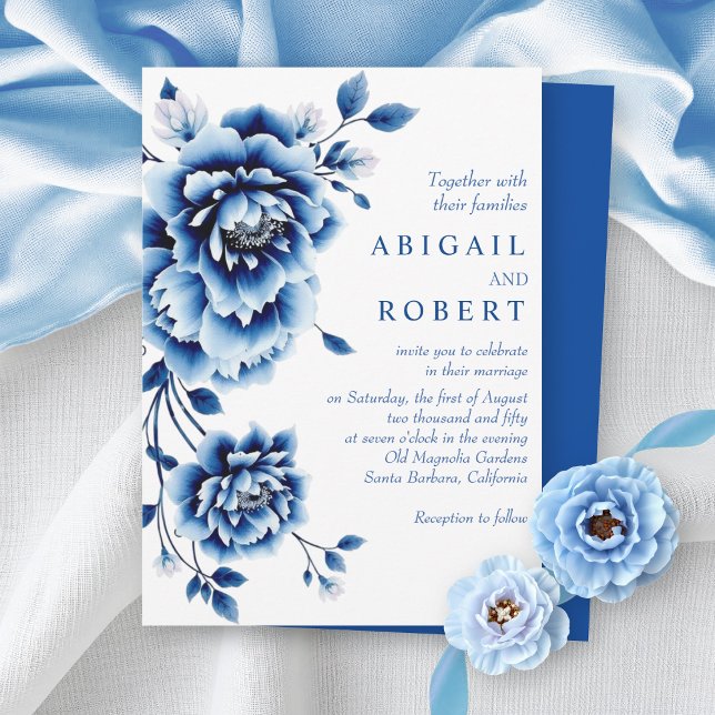 Blue floral Chinoiserie peony flowers wedding Invitation (Creator Uploaded)