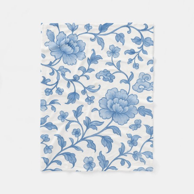 Blue Floral Chinoiserie Peony Pattern Fleece Blank Blanket (Front)