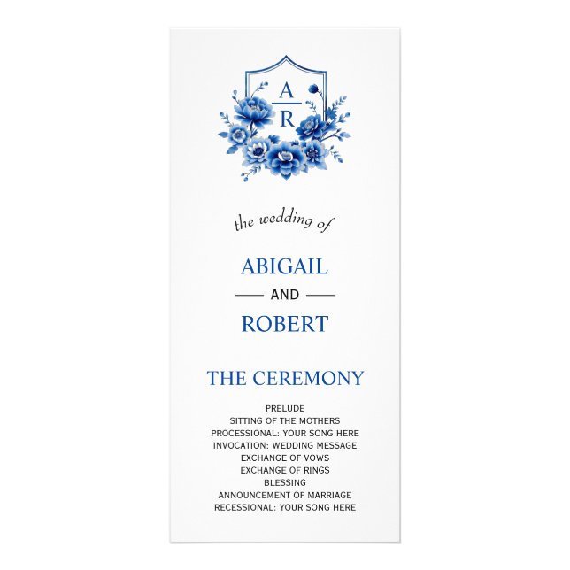 Blue floral Chinoiserie peony wedding program (Front)