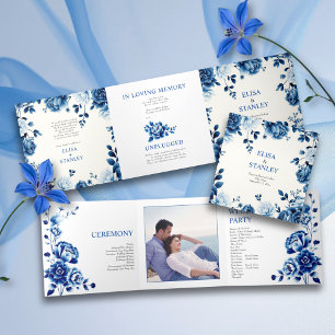 Blue floral Chinoiserie peony wedding program