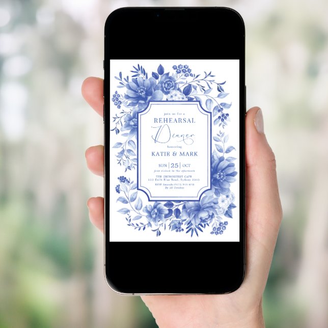 Blue Floral Chinoiserie Porcelain Rehearsal Dinner Invitation (Front Digital)