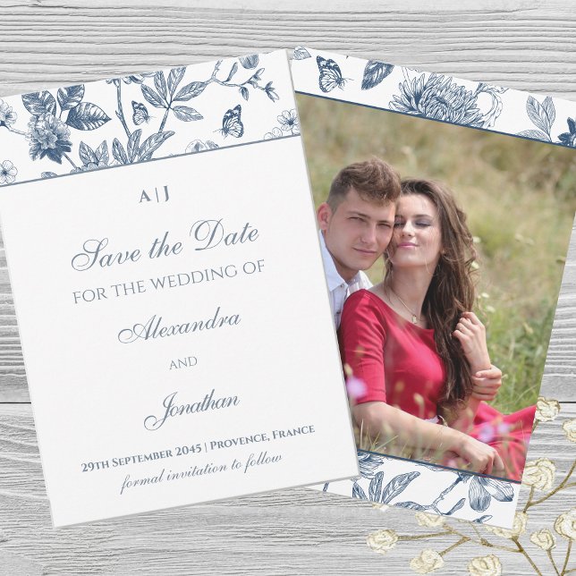 Blue Floral Chinoiserie Save the Date Photo Invitation (Creator Uploaded)